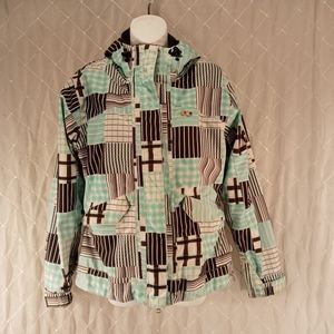 Four Square Woman's Small snowboard jacket Blue/ White Graphic pattern